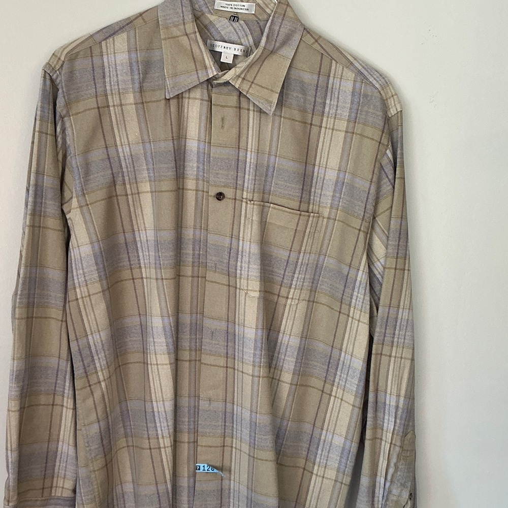 Geoffrey Beene Beige and Gray Plaid Men's Shirt